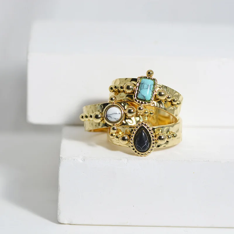 Bohemian Rings Stone Rings Fashion Rings Gold Rings Stainless Steel Rings Finger Rings Metal Rings Fashion Ring Creative Gold Plated Stainless Steel Rings for Women Simple Geometric Round Natural Stone Finger Ring Boho Vintage Jewelry Gift
