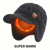 SUPER WARM Winter Beanie Hat Men Women Thick Fleece Lined Cap with Earflaps Visor Brim Outdoor Windproof Ski Snow Hat Knit