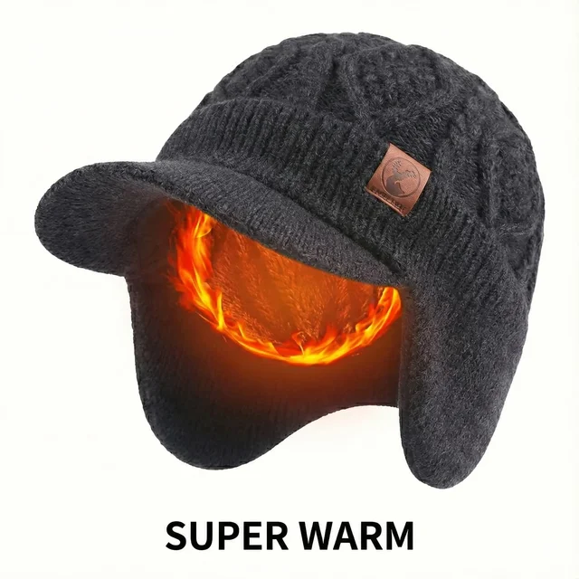 SUPER WARM Winter Beanie Hat Men Women Thick Fleece Lined Cap with Earflaps Visor Brim Outdoor Windproof Ski Snow Hat Knit