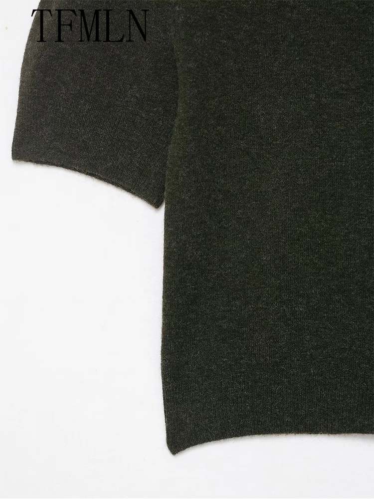 TFMLN 2025 Autumn Women Solid Bow Knitted Sweaters Fashion O-neck Short Sleeve Pullover Tops Sweet Girls Chic Causal Knitwear