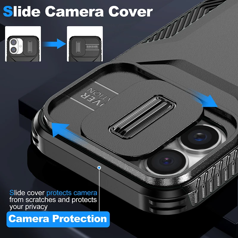 Shockproof Armor Case with Camera Lens Slide Protection and Hard Back Cover