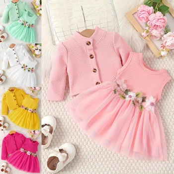 0-24 Months Baby Girl Dress Birthday Gift Pink Petal Suspender Coat Spring Autumn Set 1