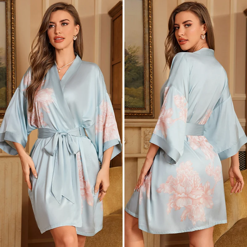 Navy Blue Floral Silk Satin Kimono-Style Nightgown