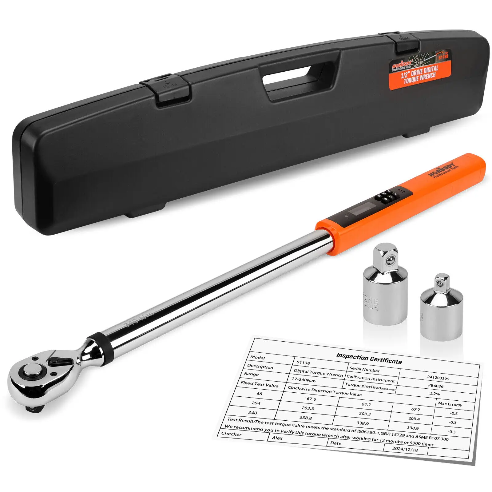 HORUSDY 1/2" Drive Digital Torque Wrench, 25-250Ft.lb / 34-340N.m 2% Accuracy LED Display with Socket Adaptors DIY & Home Repair