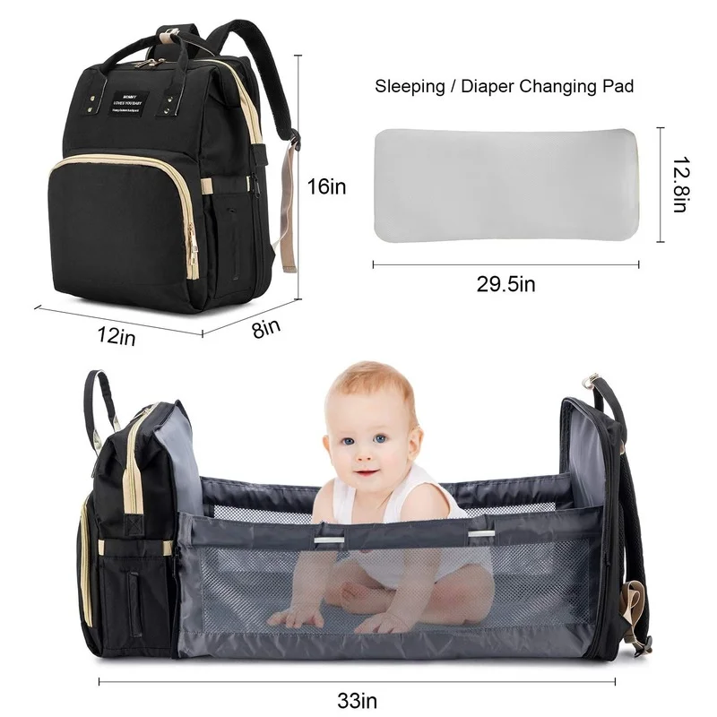Foldable Baby Crib Changing Pad Diaper Bag Backpack USB Interface Babies Bags Station diaper bag diaper backpack