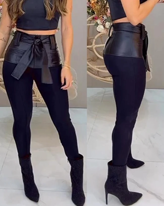Pu Leather Patch with Waistband Tight Pants New Hot Selling Fashion Casual Tight Pants Autumn and Winter hot selling autumn 2023 new high waisted washed oversized elastic tight fitting women s jeans