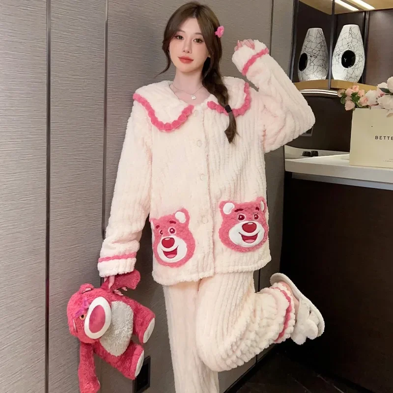 Women Pajamas Set women pajamas set women pajama suit 125kg Large Size Winter Plush Pajamas Set Women Sweet Cardigan Long Sleeve Trousers Loungewear Thicken Warm Fluffy Sleepwear