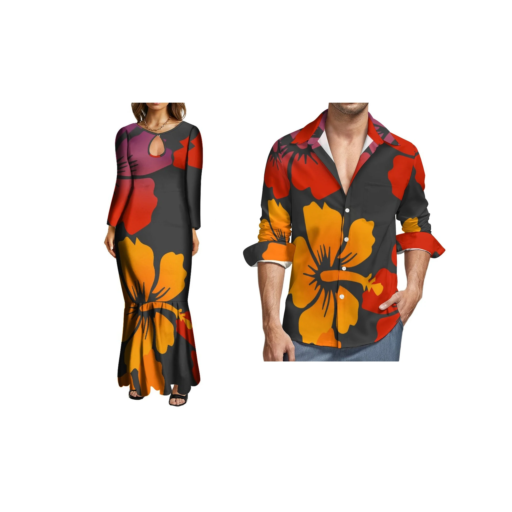 

High Quality Custom Fishtail Mermaid Dresse Polynesian Tribal Ladies Long Evening Dresses Collocation Men Shirt Sets Of Couple