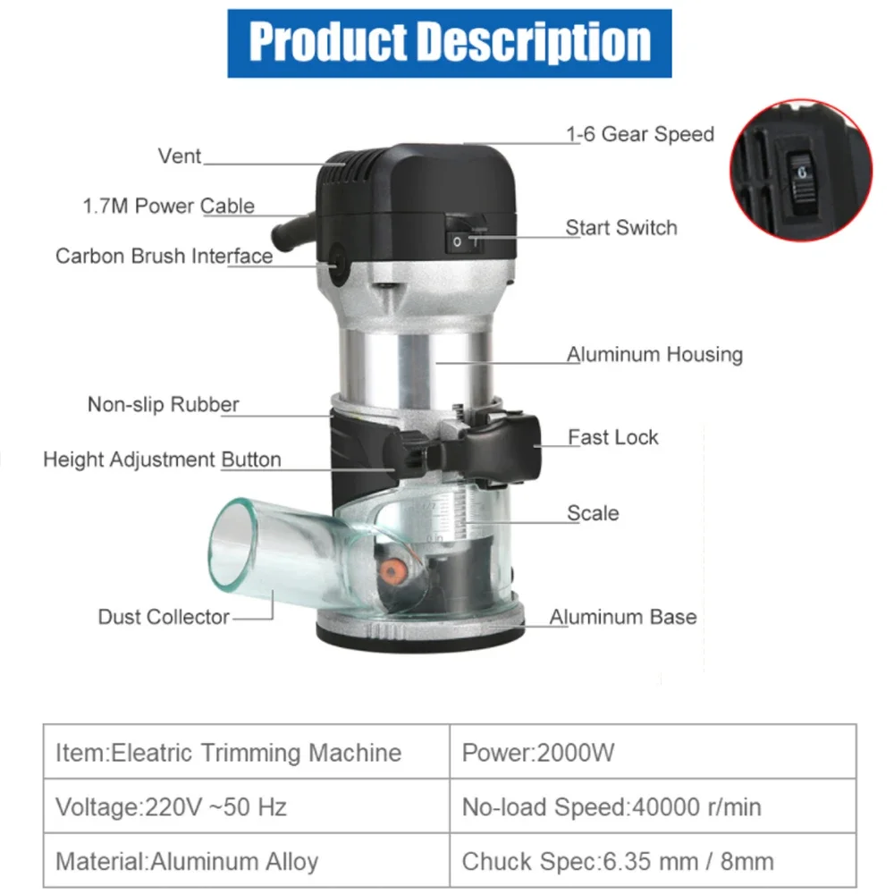 2000W Wood Router Electric Trimmer 220V Woodworking Milling Engraving Slotting Trimming Machine Hand Carving Router Power Tools