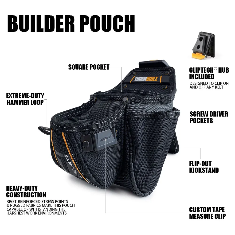 TOUGHBUILT Builder 1680D 헤비듀티 공구 파우치 (견고한 ClipTech 허브 및 해머 루프 포함) - 공구 보관