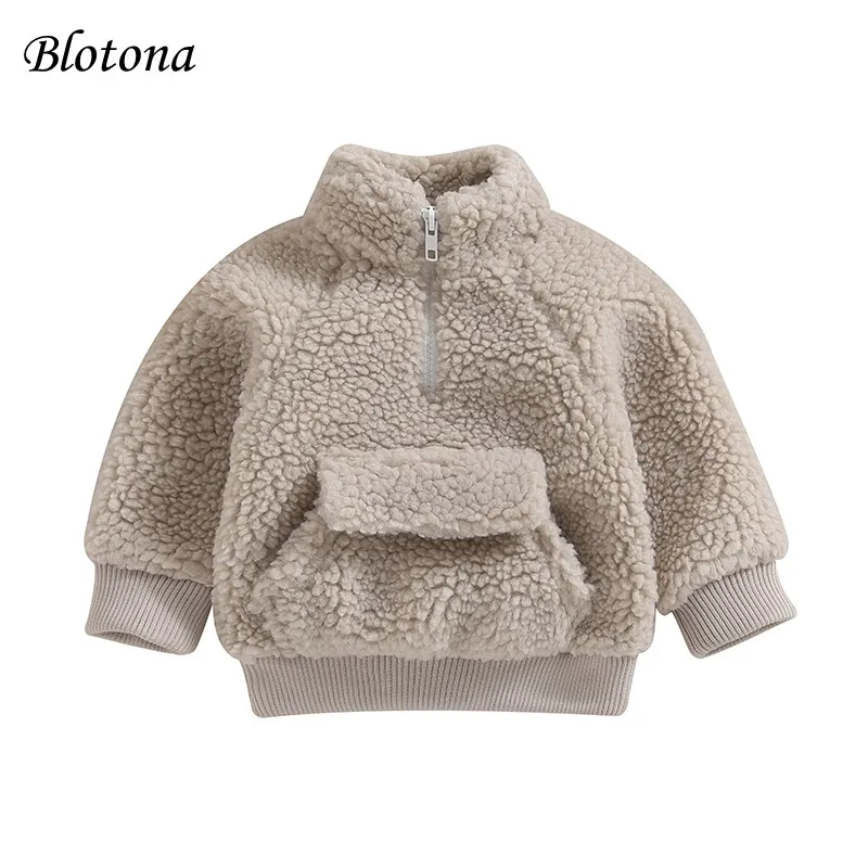

Blotona Baby Wool Coat, Long Sleeve Stand Collar Zipper Sweatshirt Solid Color Fleece Winter Jacket with Pocket for Girls Boys