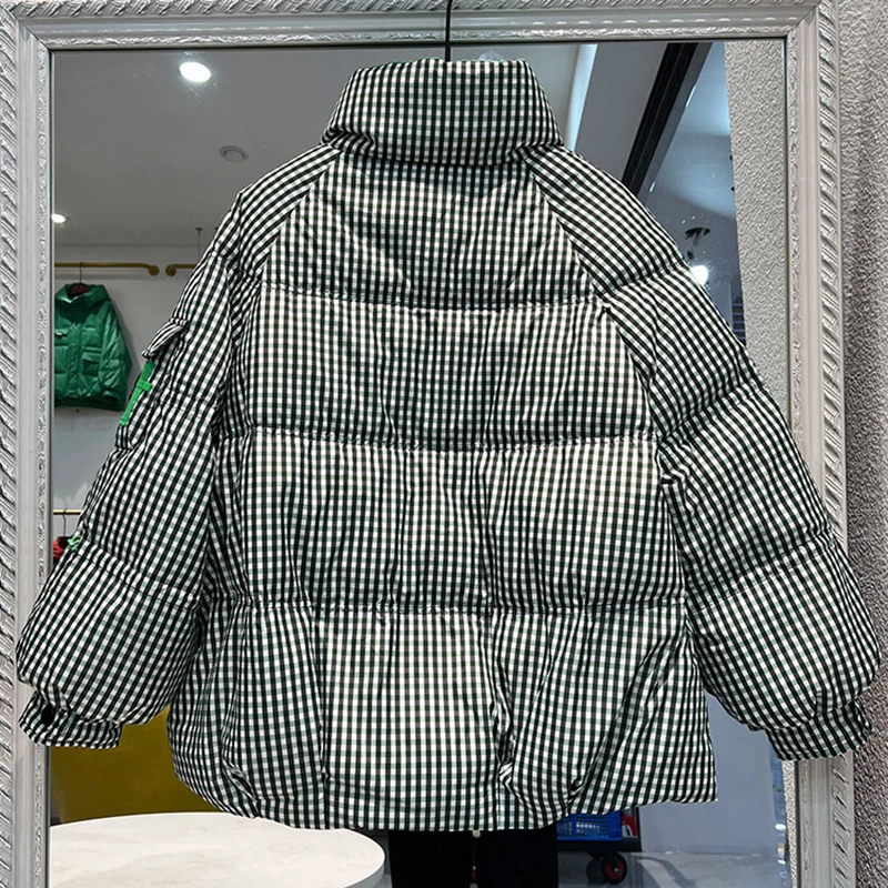 Korean Fashion Winter Short Lattice Jacket Women Bread Loose Stand Collar Female Down Parkas 90% White Duck Down Coats 2022 New