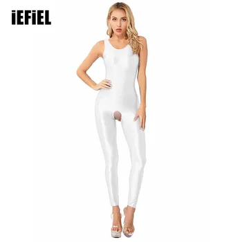 Women Glossy Open Crotch Tights Close-fitting Jumpsuits Solid Color Stretchy U Neck Sleeveless Bodysuit Nightwear