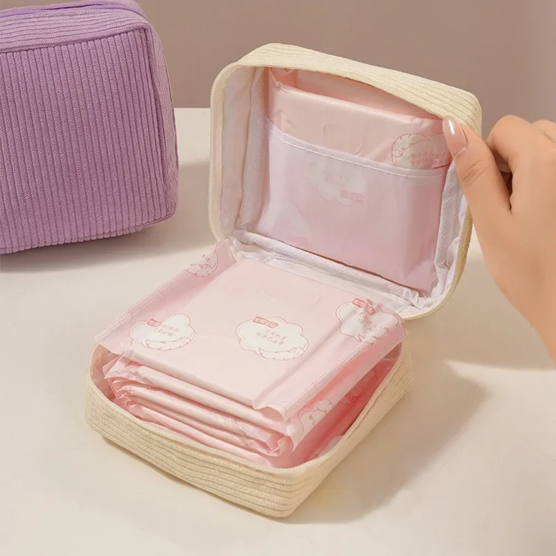 여성을위한 귀여운 코듀로이 메이크업 가방 휴대용 여행 작은 화장품 가방 솔리..