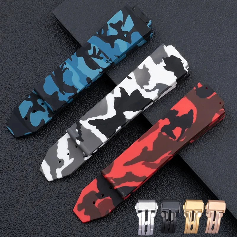 

25x17mm Soft Waterproof Camo Silicone Rubber Watchband For Hublot Strap Big Bang Series Watch Belt Stainless Folding Buckle