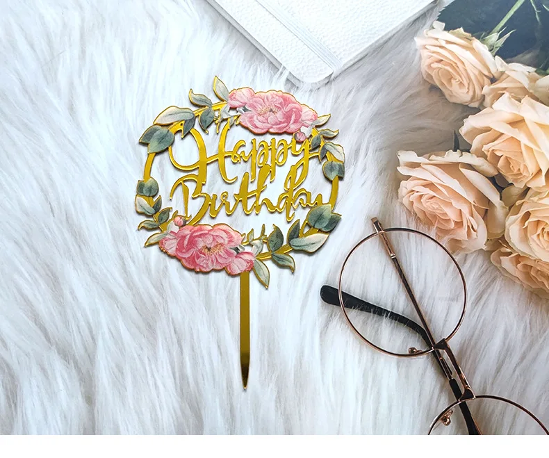 Description Picture 2 of item32 Style Acrylic Mirror Happy Birthday Cake Topper Flowers Butterfly Cake Decoration Home Birthday Party Decor Supplies