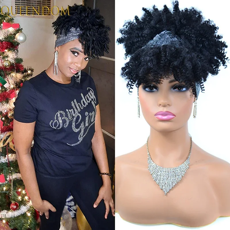 

10'' Short Afro Kinky Curly Headband Wig Puff Deep Curly Head Wrap Wigs for Black Women Synthetic Natural Curls Turban Scarf Wig