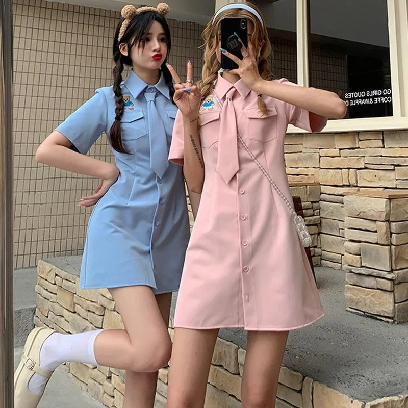 

New Preppy Style Bear Embroidery Women Dress with Tie Summer Sweet POLO Collar Short Sleeved Mini Dresses Female