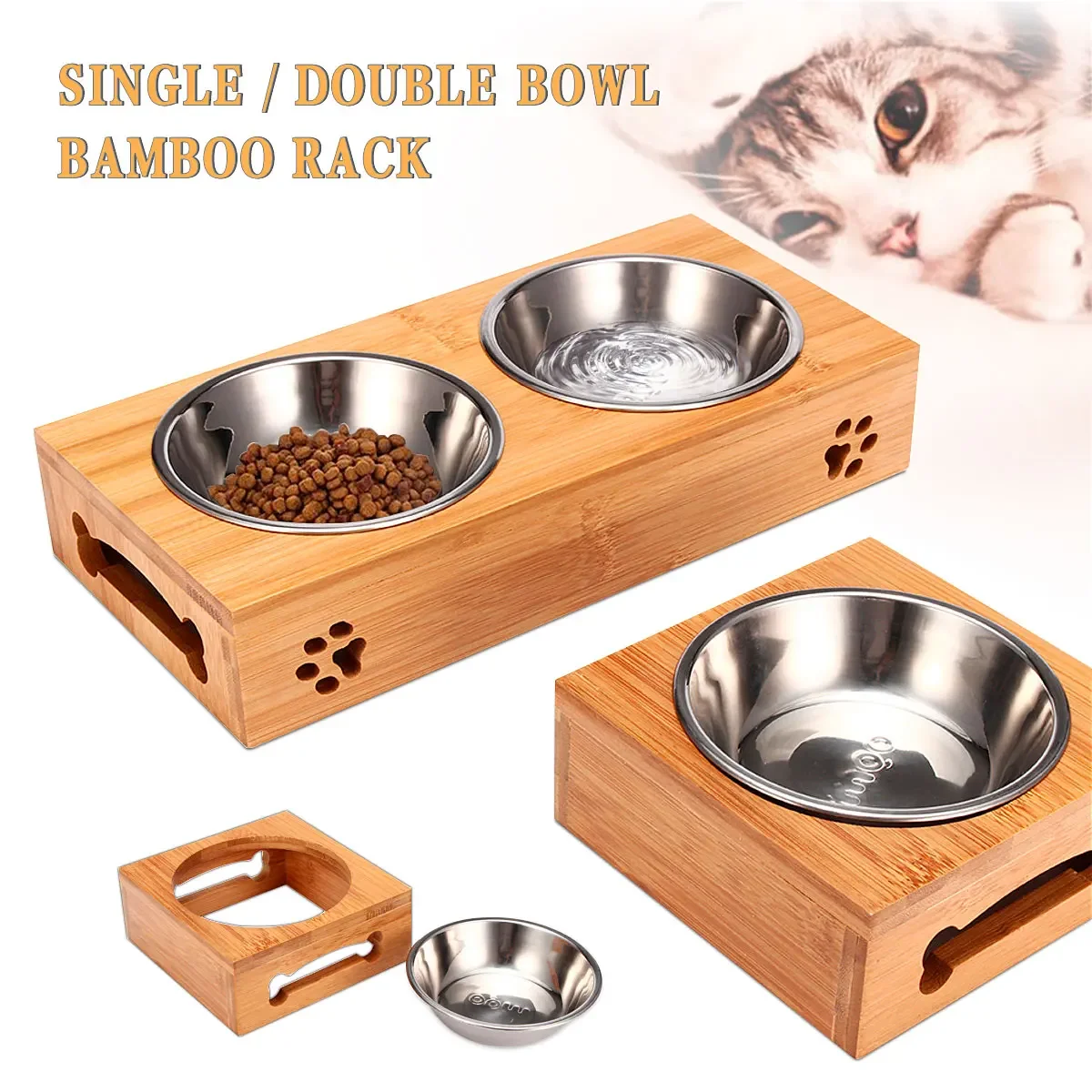 

Двойная миска для собак, миска из нержавеющей стали с бамбуковой подставкой для питомцев и щенков, для воды, для кормления питомцев и кошек