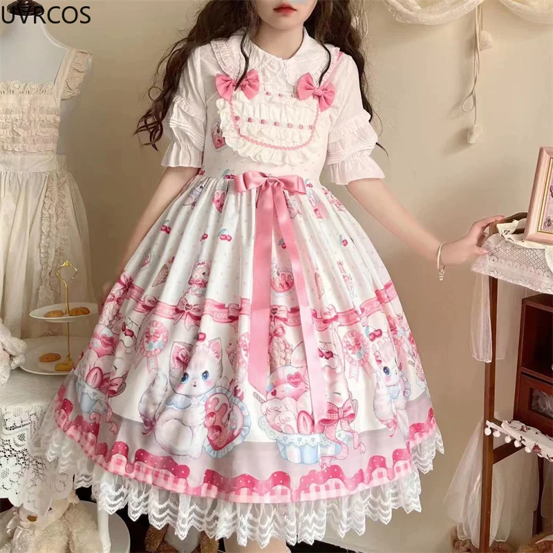 Japanese Dream Lolita Jsk Dress Women Kawaii Cute Cat Print Bow Lace Sleeveless Strap Dresses Girl Sweet Princess Party