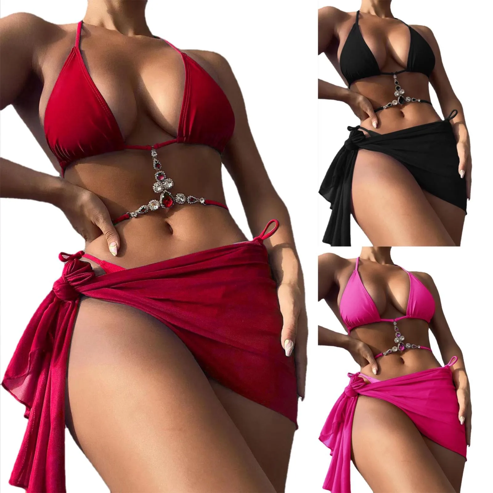

Solid Color Diamond Encrusted Hanging Neck Backless Bikini Three Pieces Separate Swimsuit For Women