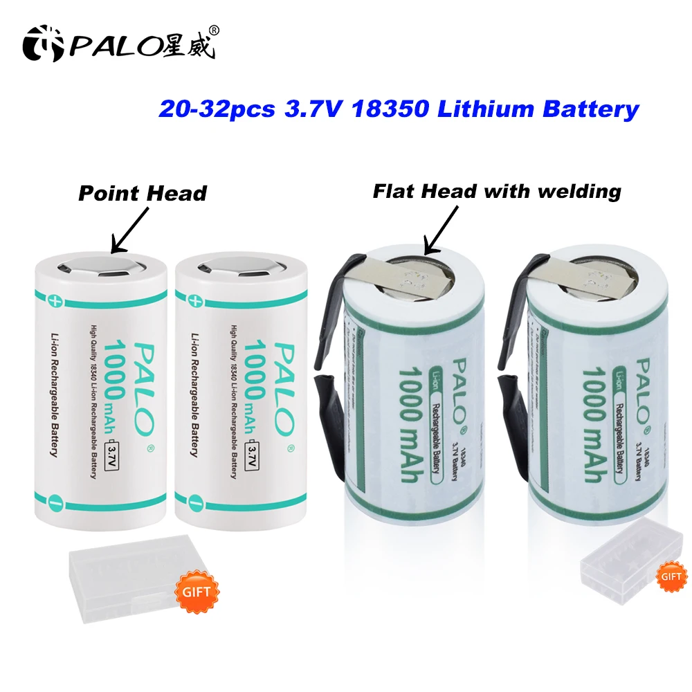 

PALO 20-32pcs 18350 Lithium Battery 1000mAh 18350 Rechargeable Battery 3.7V power cylindrical Lamps Electronic cigarette smoking