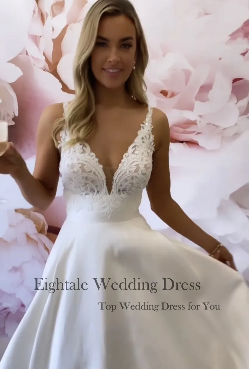 Eightale New Wedding Dresses V-Neck Appliques Lace Customized A-Line Satin Princess Bridal Gown White Ivory hochzeitskleid 2