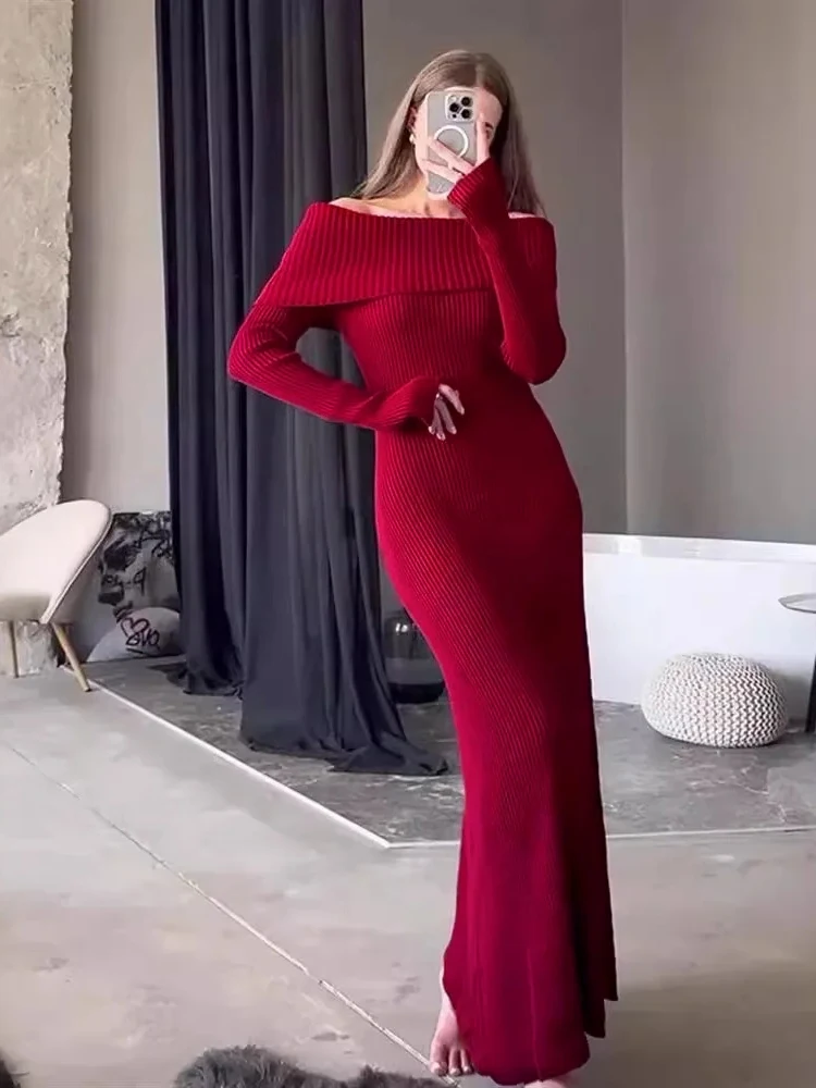 Fashion Knit Long Dress Off-Shoulder Female Ribbed Loose High Waist Elegant Autumn Party Dress Ladies Knitwear Maxi Dress