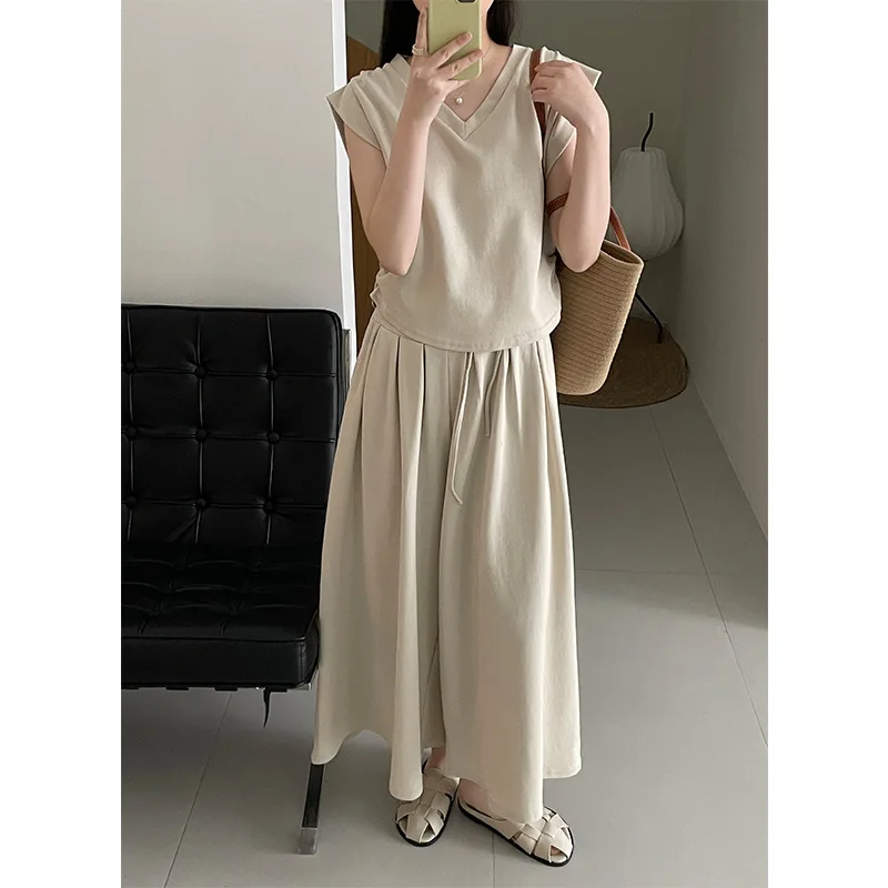 

Crop Flying Sleeves V-neck T-shirt Elastic Waist Wide Leg Pants Two Piece Set
