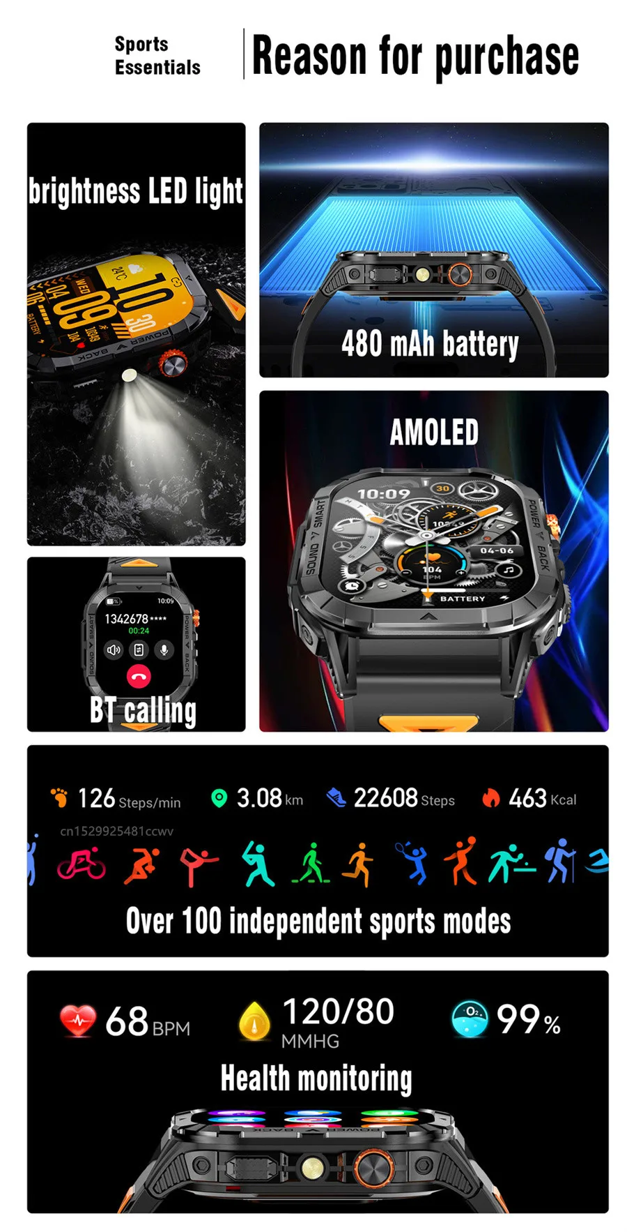 Smartwatch amoled da uomo, chiamata bluetooth e torcia led_voghion.com