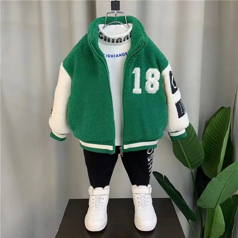 

Kids Boys Cashmere Coat In Autumn And Winter 2023 New Fashion Baby Jacket Boys Children's Thickened Lamb Wool Baseball Uniform