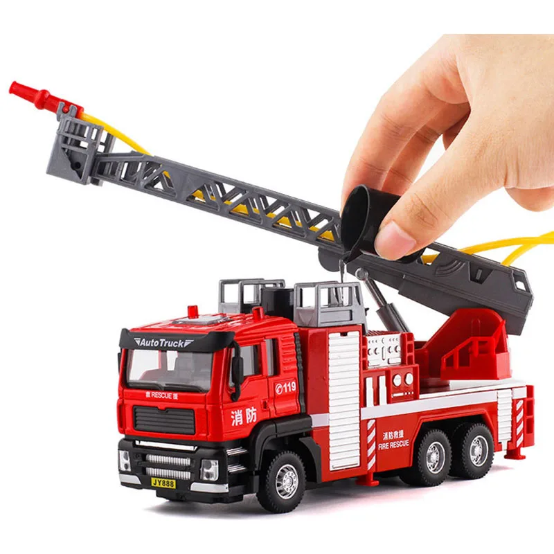 Alloy Fire Truck Model City Diecast Metal Engineering Vehicle Ladder Car Sound And Light Pull Back Car Kids Toy Boy Gift