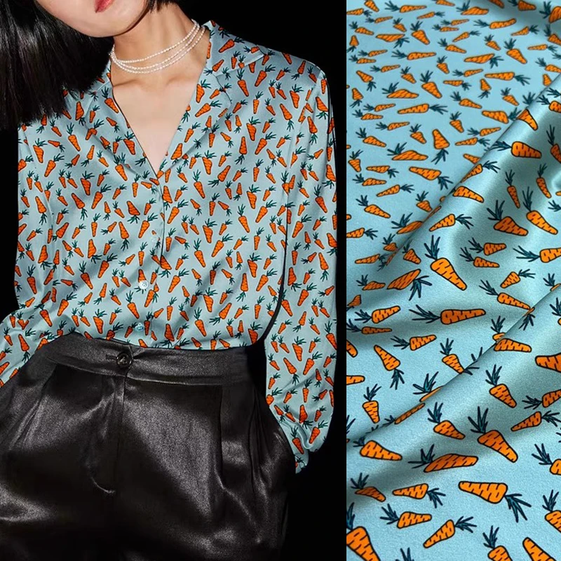 

20MM Thick Silk Spandex Twill Silk Fabric with Cute Carrot Print on Blue-140CM Wide-Suitable for Cheongsam and Scarves D1420