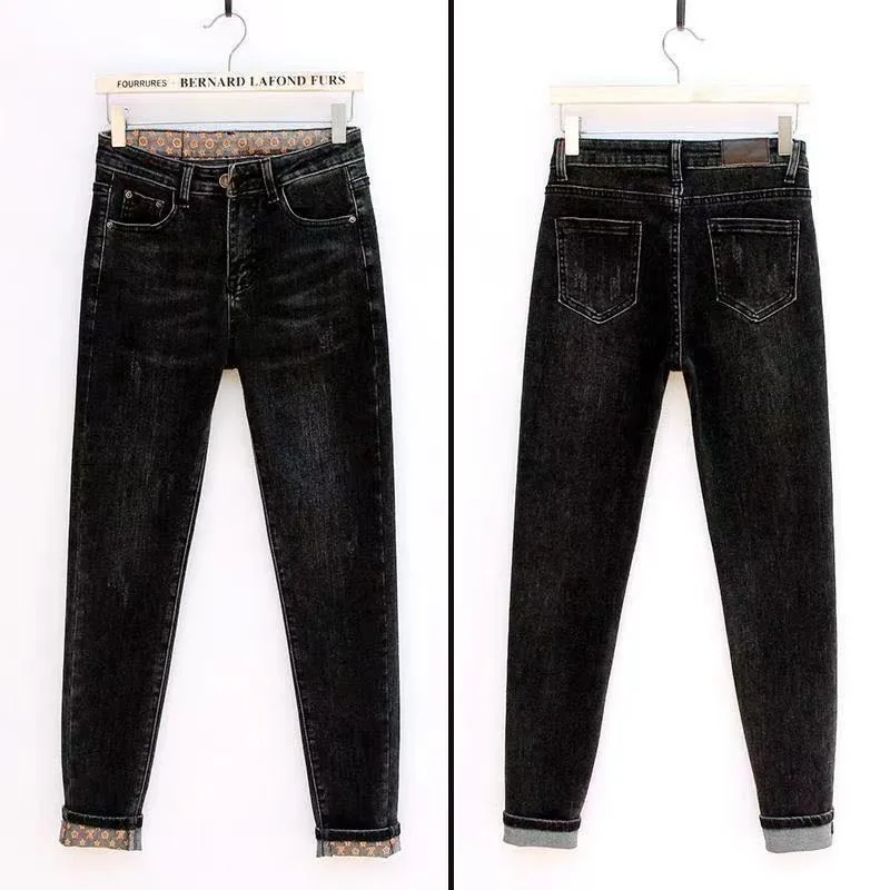 2023 New Summer Black Grey Jeans Women Slim-fit Pants Tight Elastic Pencil Trousers Slim High Waist Flanging Bottoms