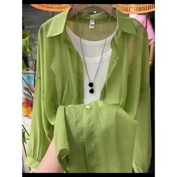 1pcs Woman Four Seasons Shirt Lady Thin Sunscreen Shirts Female Casual Long Sleeve Turn-down Collar Loose Med-Length Style Tops 1