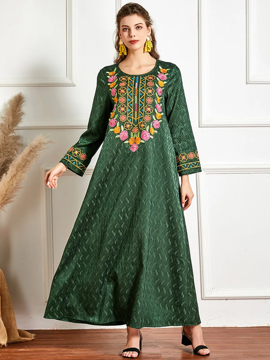 Abaya for Women Fashion Green Print Beaded Long Sleeves Kaftan Caftan Embroidery Large Swing Long Dress O-Neck Women Clothing