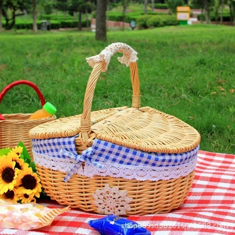 Camping Picnic Fruit Baskets Food Organizer Handmade Big Basket Retro Wicker Carry-on Handle Willow Woven Storage Hamper Outdoor