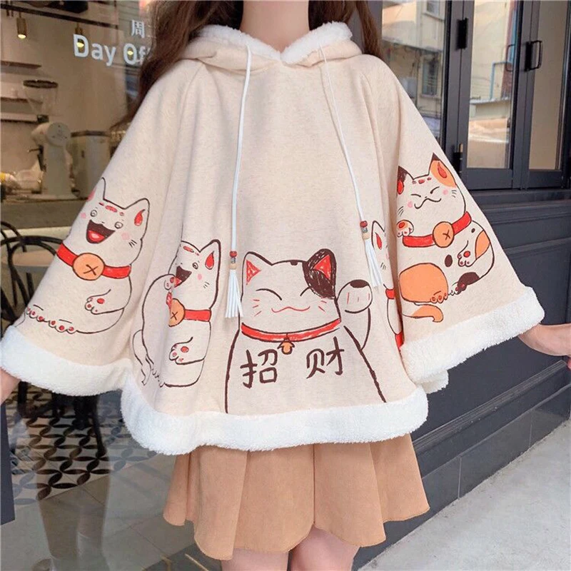 LeukeKatOrenMeisjeWarmeMantelHerfstEnWinterHarajukuLolitaFluwelenDikkeKawaiiSjaal