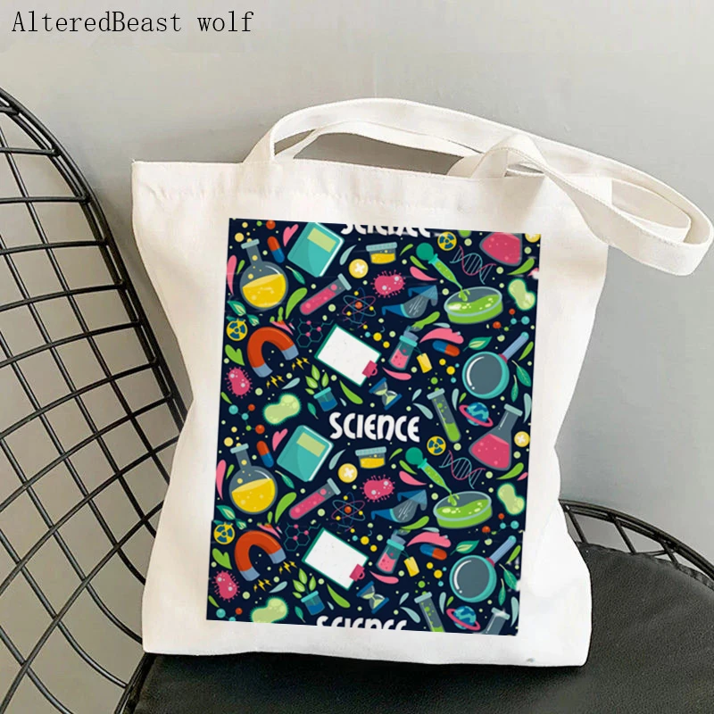 Women Shopping Bag pencil instead of letter i and molecule and chemistry Science Tote Bag Harajuku Teacher supplies handbag