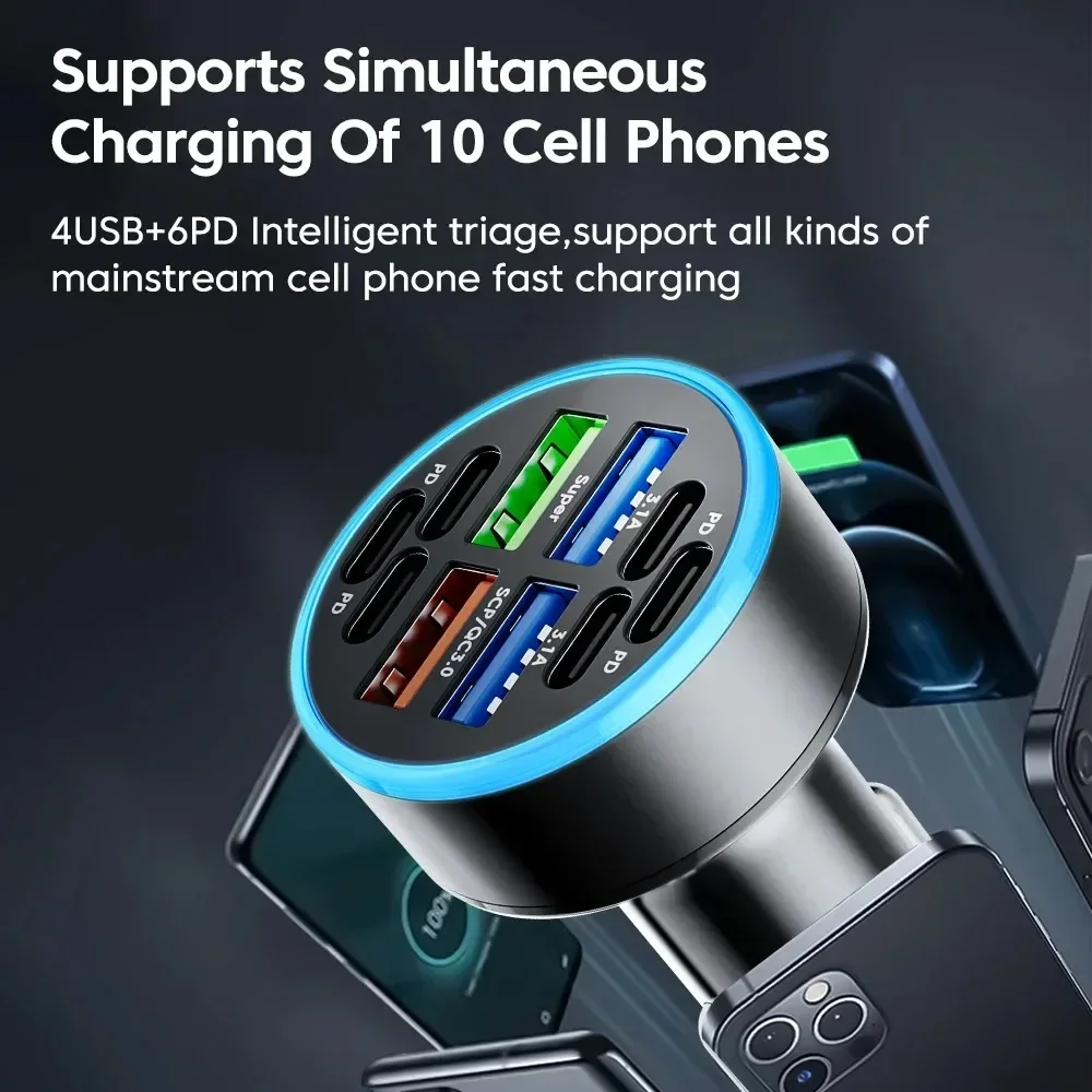 Super Fast 100W 10 in 1 Car Charger Fast Charge PD QC30 Multi Port USB C For iPhone Samsung Huawei Xiaomi Car Power Adapter
