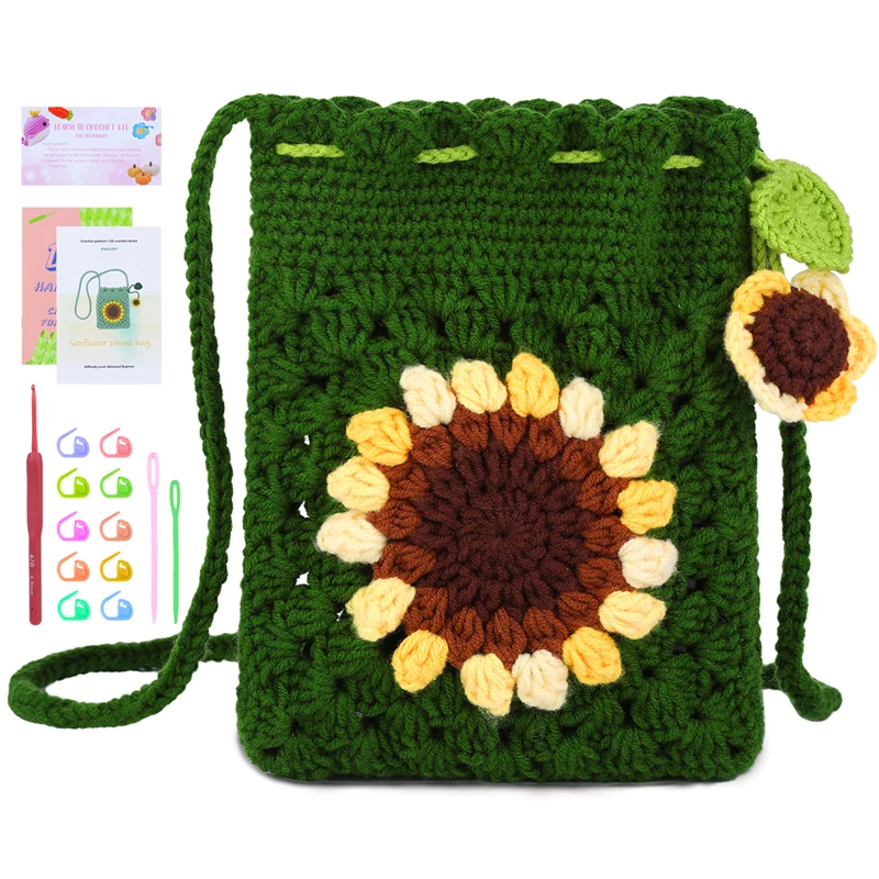 Kit Crochet Débutant Sac Tournesol – Complet Avec Fils, Crochets, Aiguilles, Marqueurs, Tutoriel Vidéo, Pour Projet DIY