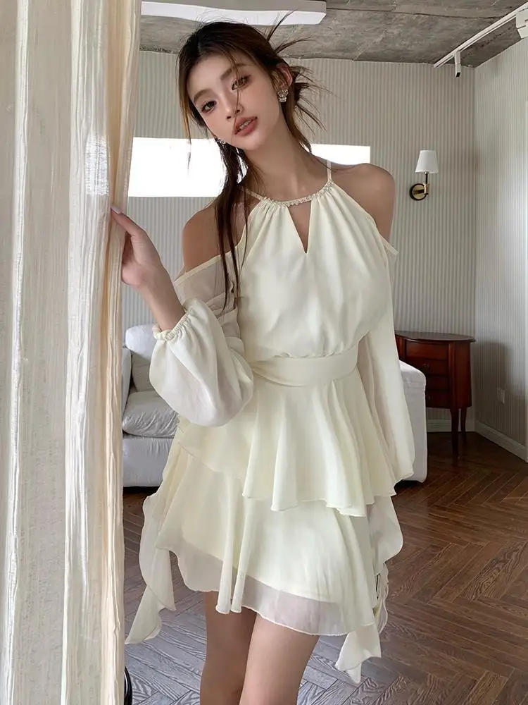 Autumn Beige Elegant Off Shoulder Chiffon Pleated Bandage Mini