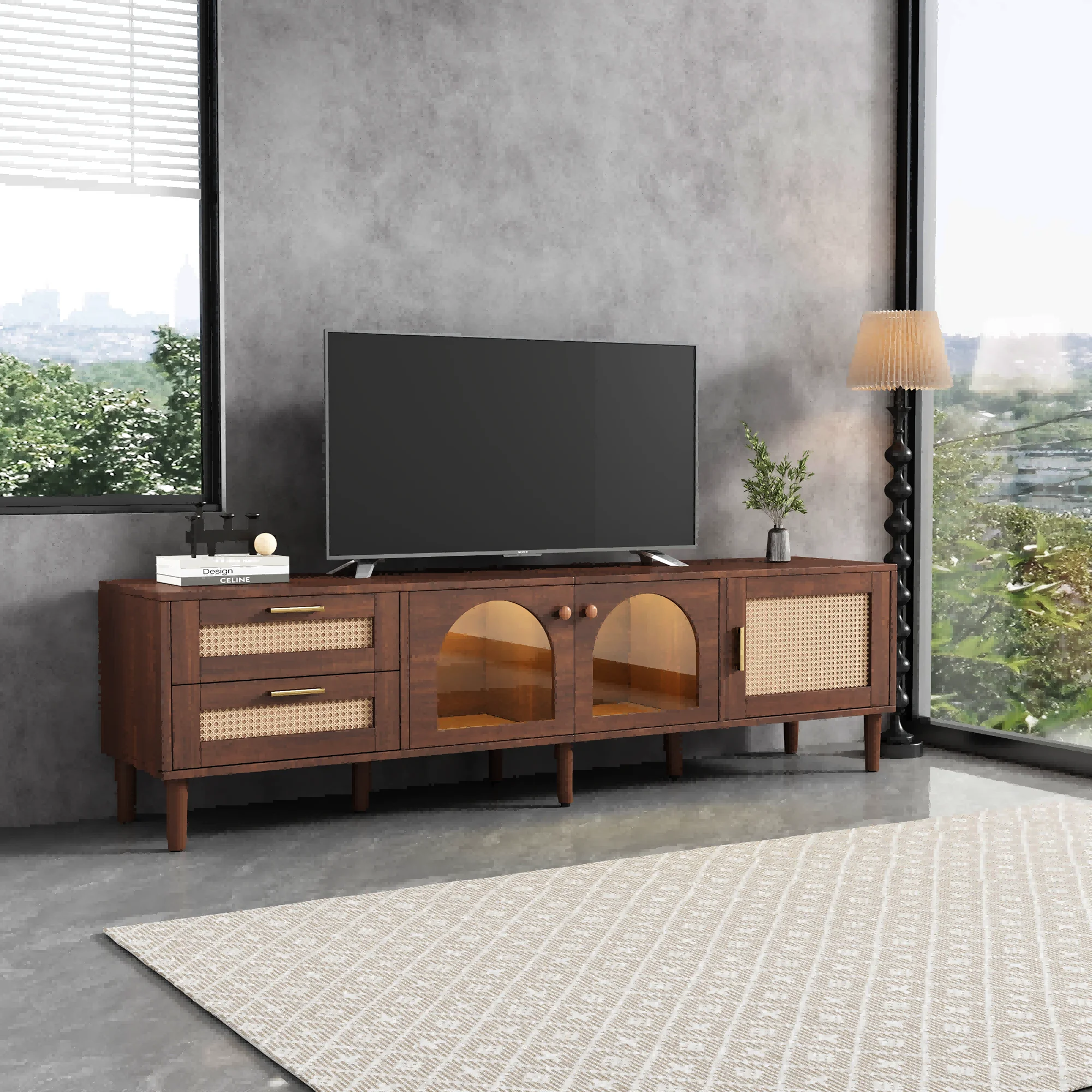 KOMHTOM TV-Schrank 180 cm Für 80-Zoll-Fernseher mit 2 Rattan-Schubladen, 2 gewölbten Glastüren und 1 Rattan-Tür, LED-Beleuchtung – Detail 2