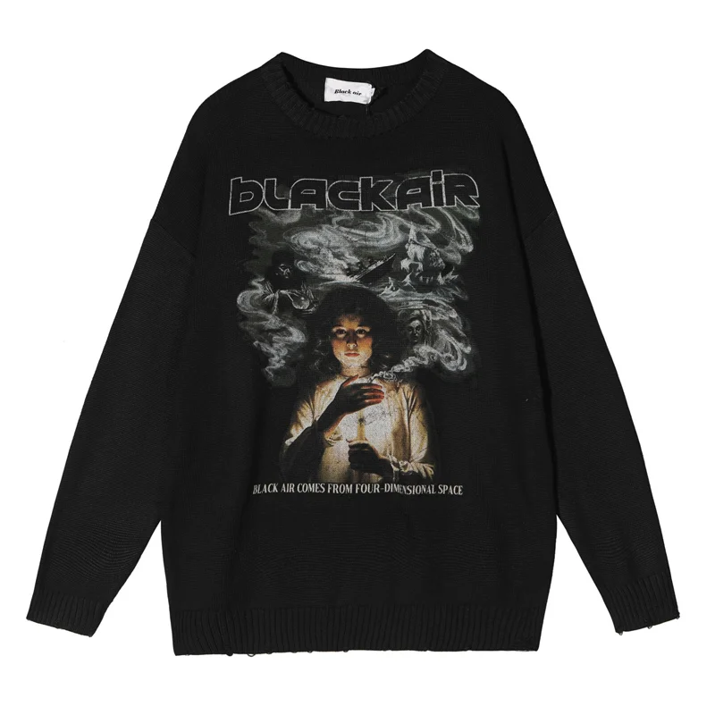 

Street Retro Character Portrait Sweater Men's Round Neck Casual Fashion Loose Knit Couple Harajuku Comfortable Warm Pullover