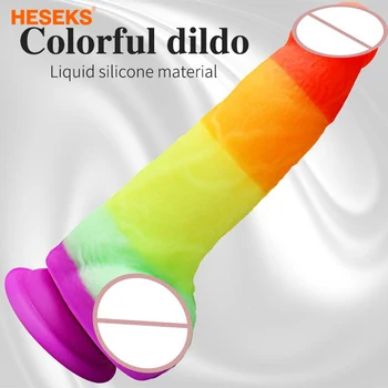 Rainbow Colorful Liquid Silicone Realistic Dildo Sex Toys For Women Masturbators Strap On Penis Toys For Adults 18 Sex Shop 1