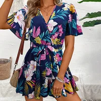 Bohemian Floral Print Short Jumpsuits For Women Summer Short Sleeve Wide Legs One Pieces  Elegant 2024 Beach Wear Casual Outfit - Image 3