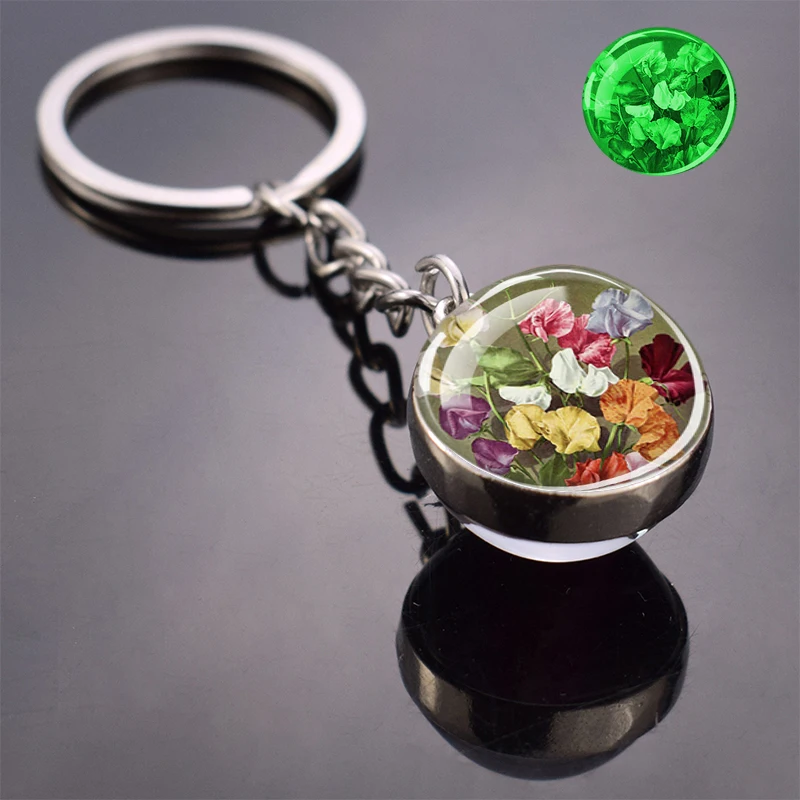 Luminous Flower Keyring Rose Lotus Cherry Blossoms Sunflower Keychain Glass Ball Pendant Jewelry