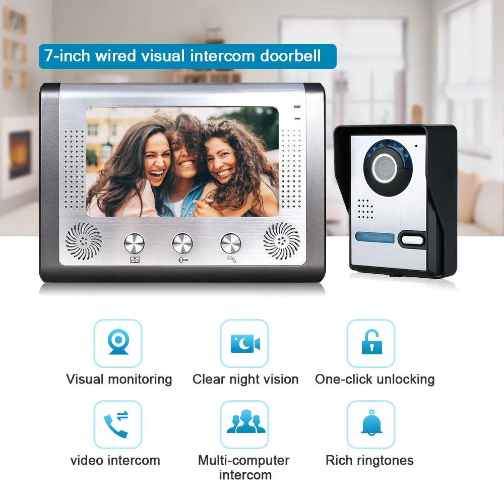 

7 inch Wired Video Door Phone Video Doorbell Indoor Monitor with IR-CUT Rainproof Outdoor Camera Visual Intercom Remote Unlock