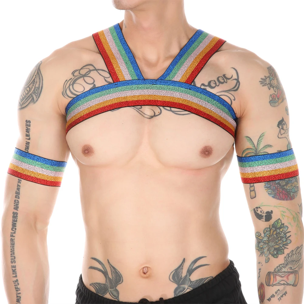 

Mens Sexy Flash Rainbow Body Chest Harness Lingerie Gay Underwear Lingeries Clubwear Belts Night Dance Half Body Chest Strap