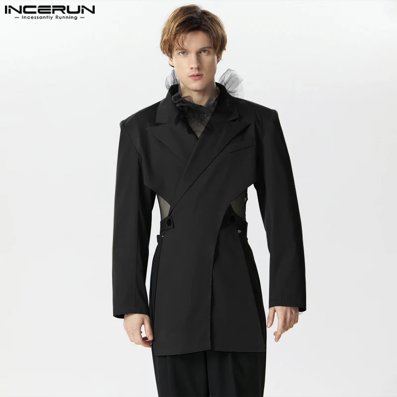 

INCERUN Топы 2024, модный мужской костюм в американском стиле с перекрестными вырезами, Повседневная Уличная одежда, однотонный блейзер с длинными рукавами